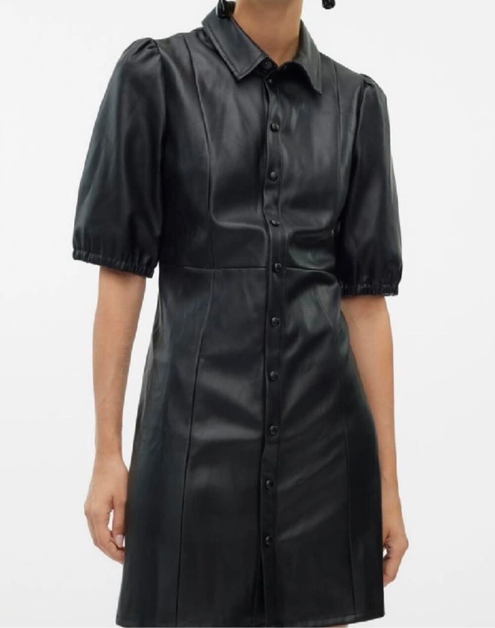 Lime Faux Leather Mini Dress  Black Minimalist A Line Puff Sleeve Collared XS
